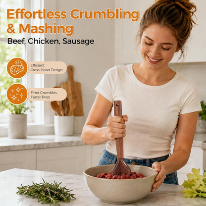 Wooden Meat Chopper,Ground Meat Masher,Beef Masher,Hamburger Masher,Potato and Bean Masher,Chicken and Beef Shredder,Multi-Use Wood Meat Separator and Long-lasting Kitchen Utensil