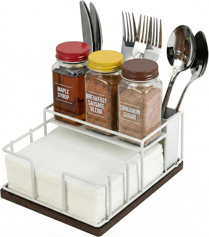 Napkin Holder for Table, 3-in-1 Wood & Metal Utensil Caddy, Cutlery Organizer & Spice Rack for Kitchen Counter, Dining, Outdoor Patio (Black)