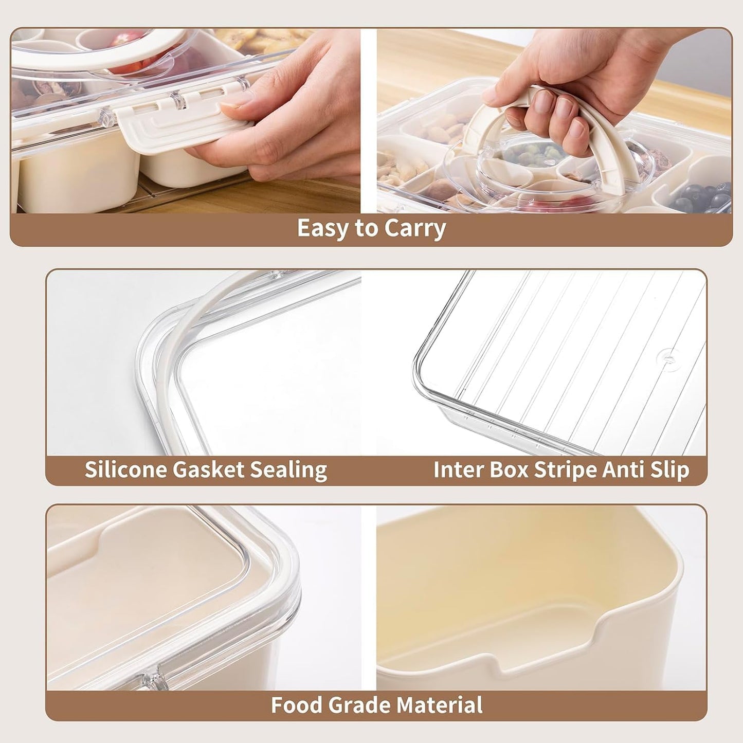 Divided Serving Tray with Lid and Handle – Elegant 4-Compartment Snackle Box for Snacks, Appetizers, Fruits, and Party Entertaining (Cream).