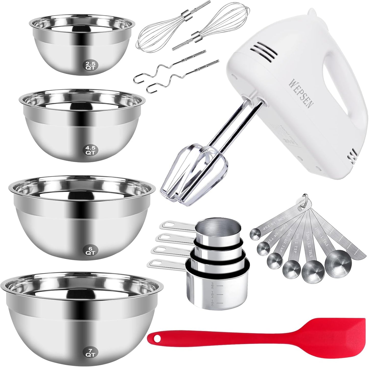 WEPSEN Mixing Bowls Set, 25PCS Stainless Steel Mixing Bowl with Lid Set, Large Nesting Bowls 7, 4.5, 3,2, 1.5QT, Measuring Cups and Spoons Baking Utensils Metal Bowl for Kitchen Prep