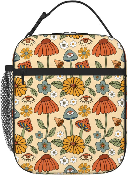 70s Retro Mushroom Floral Insulated Lunch Bag Reusable Cooler Lunch Box Portable Leakproof Thermal Container Tote Bags for Girls Boys School Travel