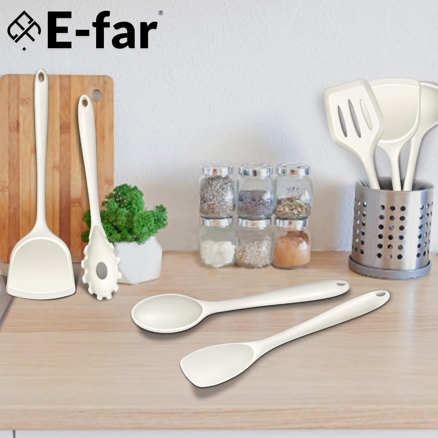 E-far 10 Pieces Silicone Cooking Utensils Set, Heat Resistant Kitchen Utensil Set for Nonstick Cookware, Kitchen Cooking Tools with Spatula, Spoon, Slotted Turner, Non-Toxic & Dishwasher Safe (Khaki)