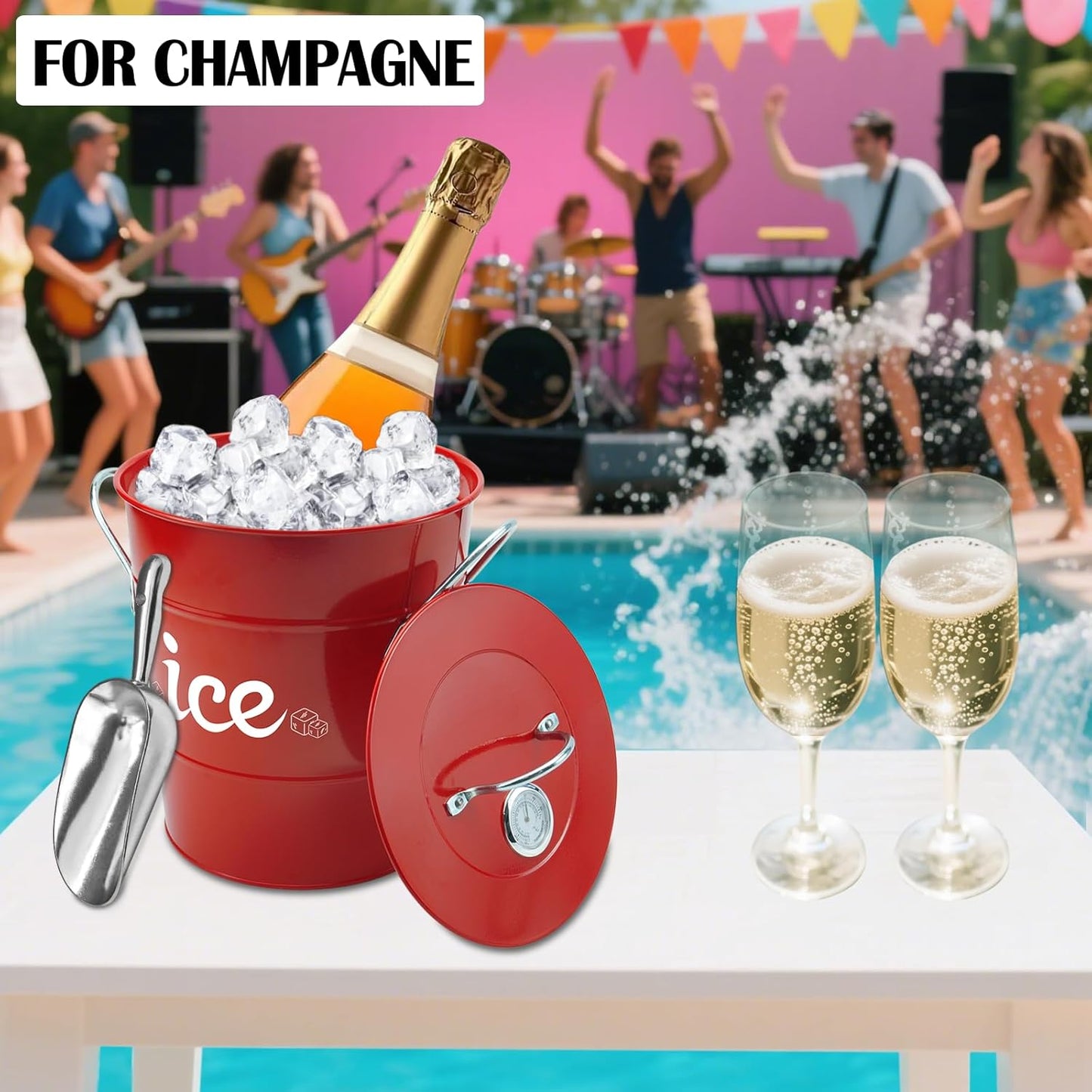 Double Wall Ice Bucket with Thermometer, Metal Wine Chiller Bucket with Lid & Scoop - for Champagne, Wine, Cocktails and Parties, Large Insulated Ice Holder - Perfect for Home & Outdoor Use,Red