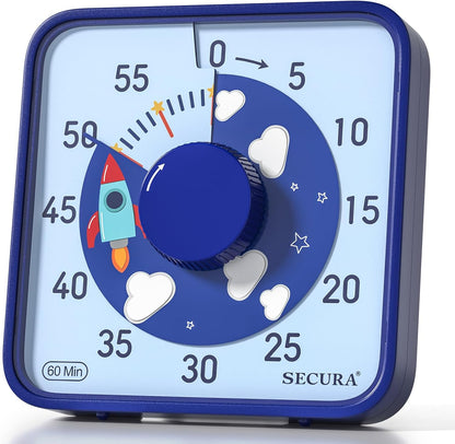 Secura 60-Minute Visual Countdown Timer, 7.5-Inch Oversize Classroom Visual Timer for Kids and Adults, Durable Mechanical Kitchen Timer Clock with Magnetic Backing (Blue)