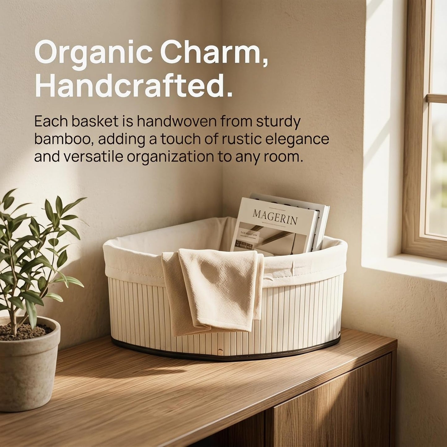Corner Triangle Storage Basket for Shelves: Bamboo Woven Triangle Storage Bin with Removable Liner, 90 Degree Fan-Shaped Organizer for Kitchen Cabinet, Bathroom, Pantry, Closet, 10x6.3"