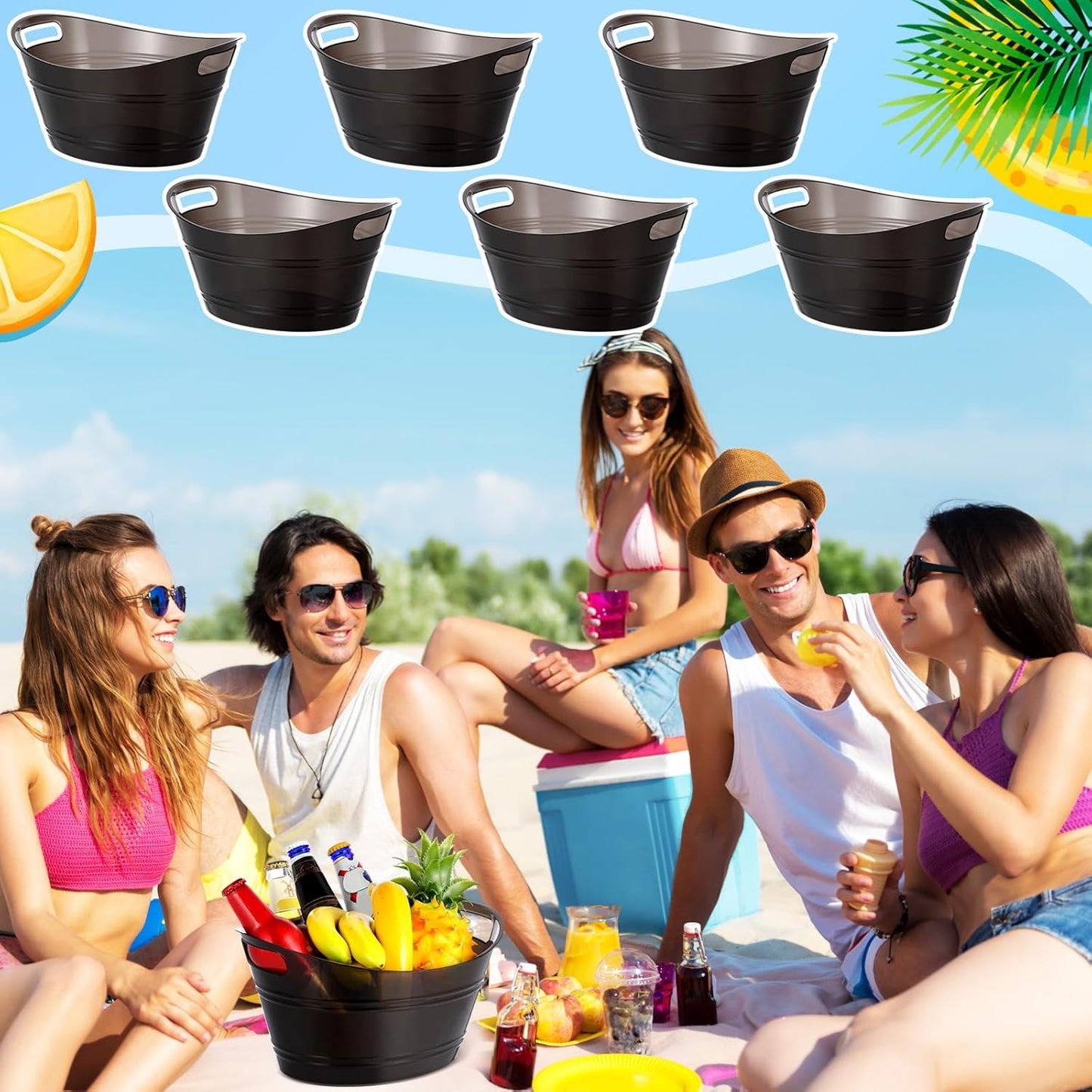 meekoo 6 Pcs Plastic Ice Buckets Bulk with Handles 4.5L Oval Storage Tub Large Capacity Ice Drink Bucket for Party Bar Wine Beer Champagne Beverage Bottle Cooler (4.5 L,Orange)