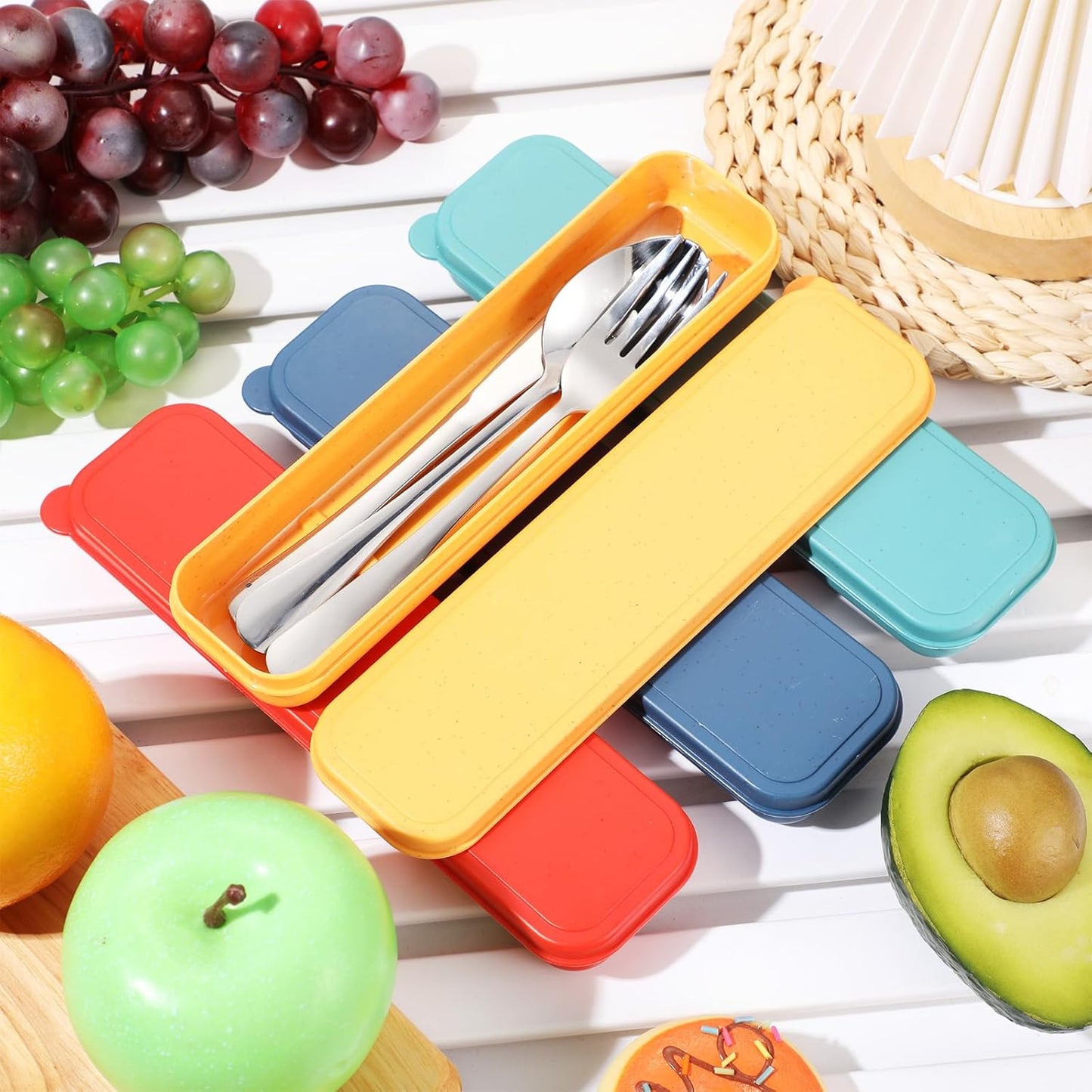 Yinkin 4 Pack Portable Travel Utensils Set with Case Reusable Stainless Steel Silverware Flatware Camping Cutlery Include Fork Spoon Knife for Work School Dishwasher Safe(White, Green, Red, Black)