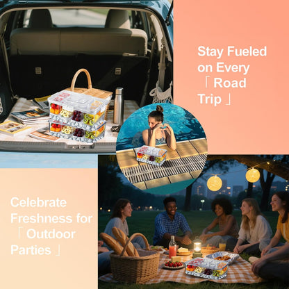 Chilled Snackle Box Container with Ice Tray - 8 Compartment Serving Tray with Lid & Handle, Leak-Proof & Odor-Free Snack Box, Portable Cold Food Platter for Picnic, Party, Travel, Road Trip