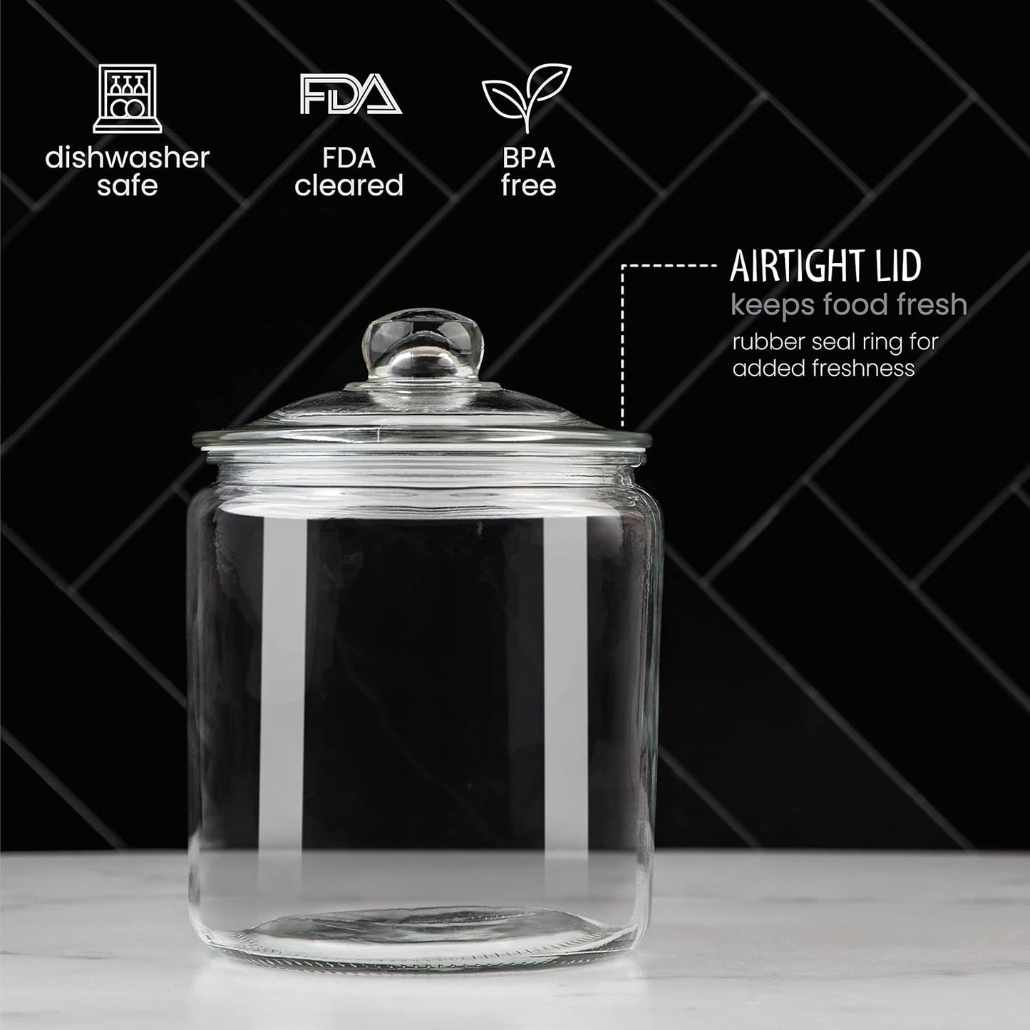 1 Gallon Glass Cookie Jar with Lid – Glass Jar with Lid - Airtight Food Storage Container for Cookies, Candy, Flour, Dog Treats – Clear Large Kitchen Jar for Pantry - Glass Containers with Lids