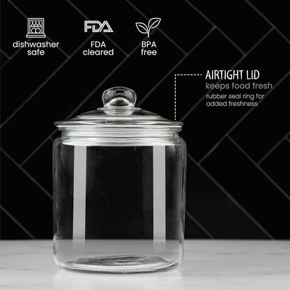 1 Gallon Glass Cookie Jar with Lid – Glass Jar with Lid - Airtight Food Storage Container for Cookies, Candy, Flour, Dog Treats – Clear Large Kitchen Jar for Pantry - Glass Containers with Lids