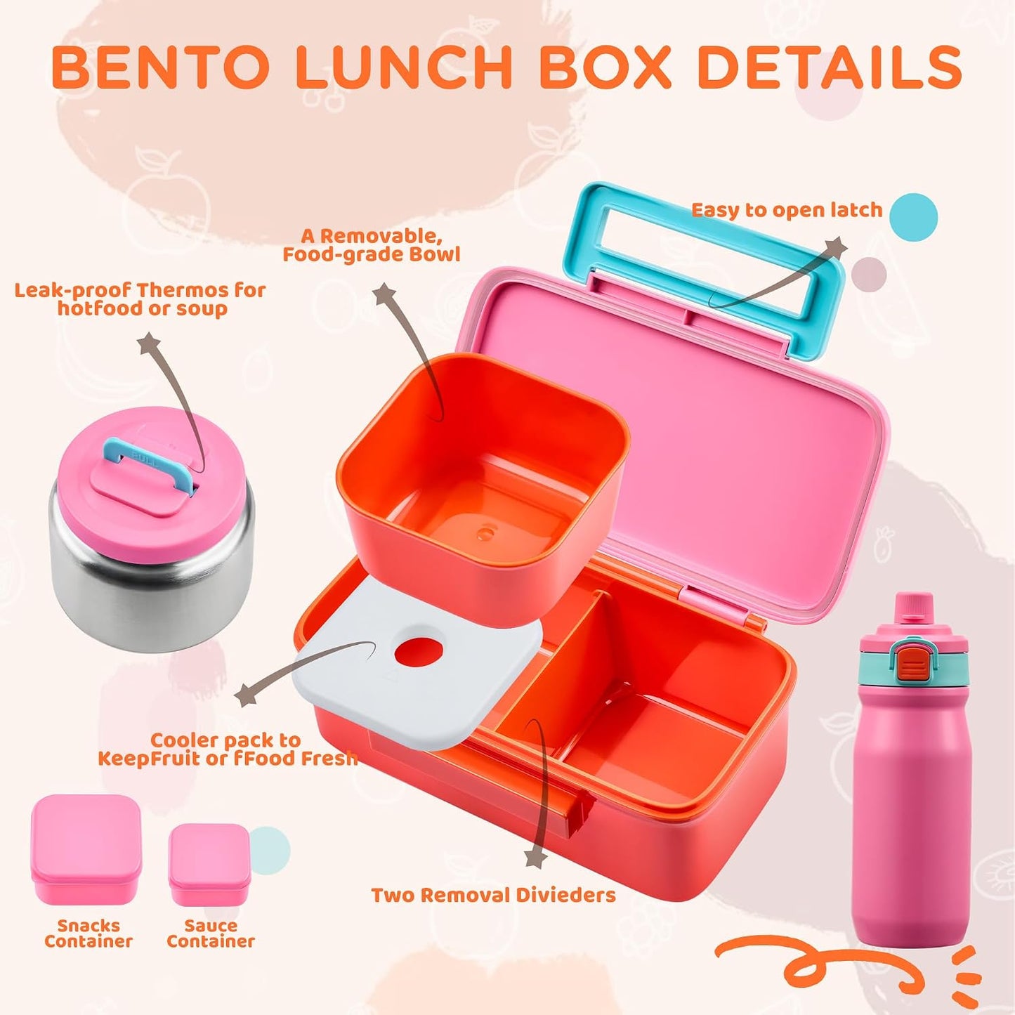 MAISON HUIS Bento Box for Kids with 8oz Soup Thermo, Insulated Lunch Bag & 17oz Water Bottle, 2-Compartment Bento Box with Built-In Ice Pack, Leak-Proof & BPA-Free (Purple)
