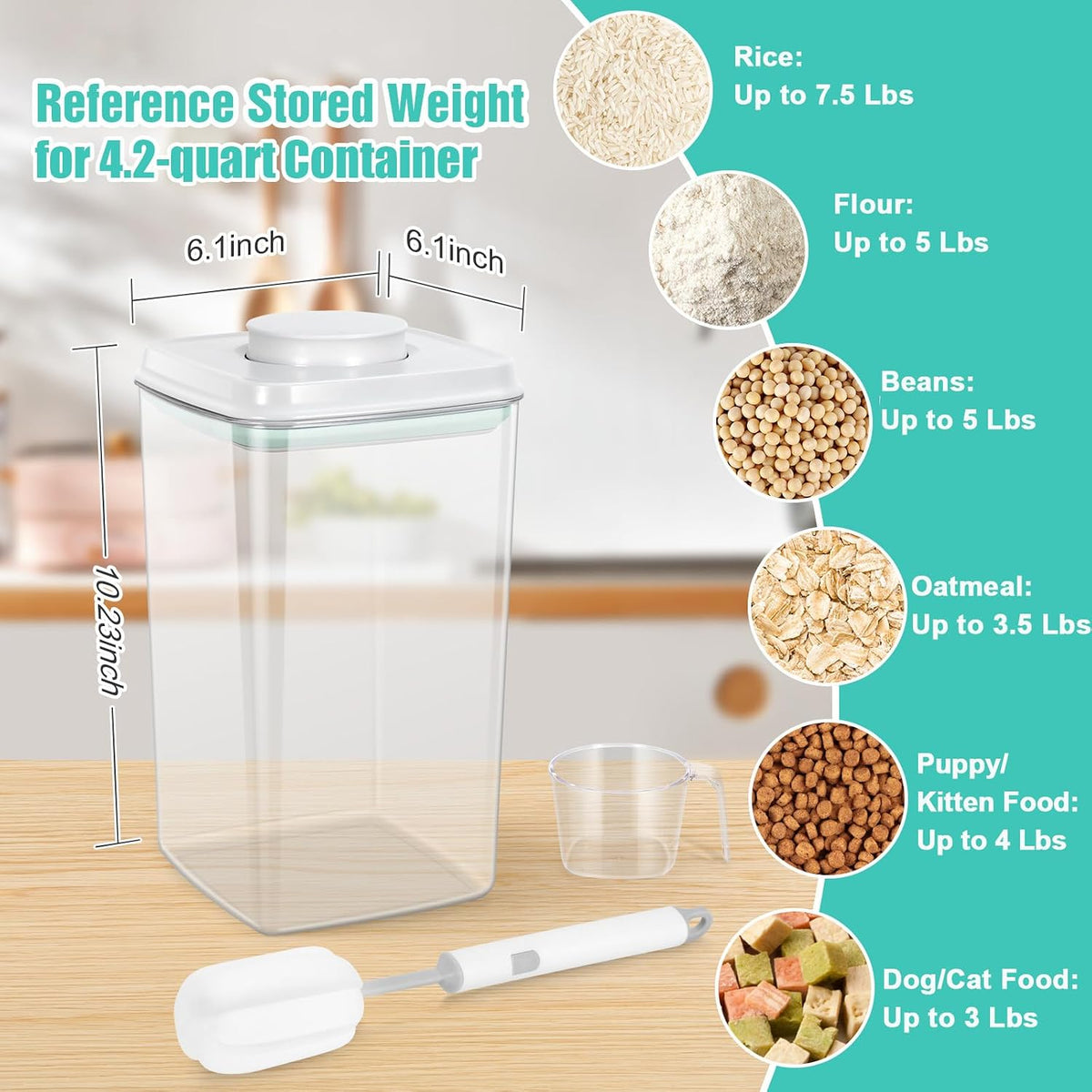 TBMax Large Airtight Food Container 5.28 Qt with Pop Up Lid & Measuring Cup, Ideal for 10 Lbs of Rice or 7 Lbs of Flour, Square Short Food Storage Bin for Kitchen Pantry and Drawer Organization