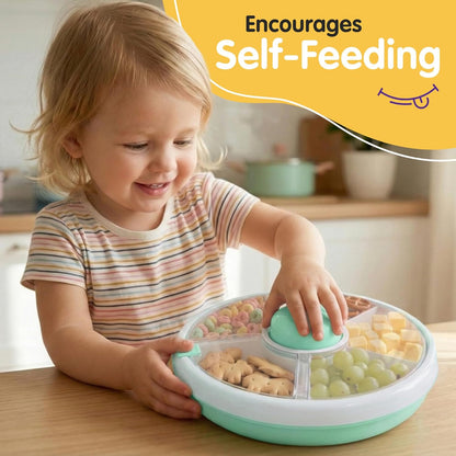 TRENDO Snack Spinner for Toddlers – Green Rotating Snack Container, BPA & PVC-Free Baby Snack Box, Spill-Proof Toddler Snack Container with Hand Strap, 5 Compartments Travel Snack Box for Kids