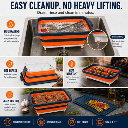 Collapsible BBQ Prep Tub with Convertible Cutting Board Design & Serving Lid – XL Brine Container & Meat Prep System for Brisket, Smoking, Grilling, Camping & Tailgating