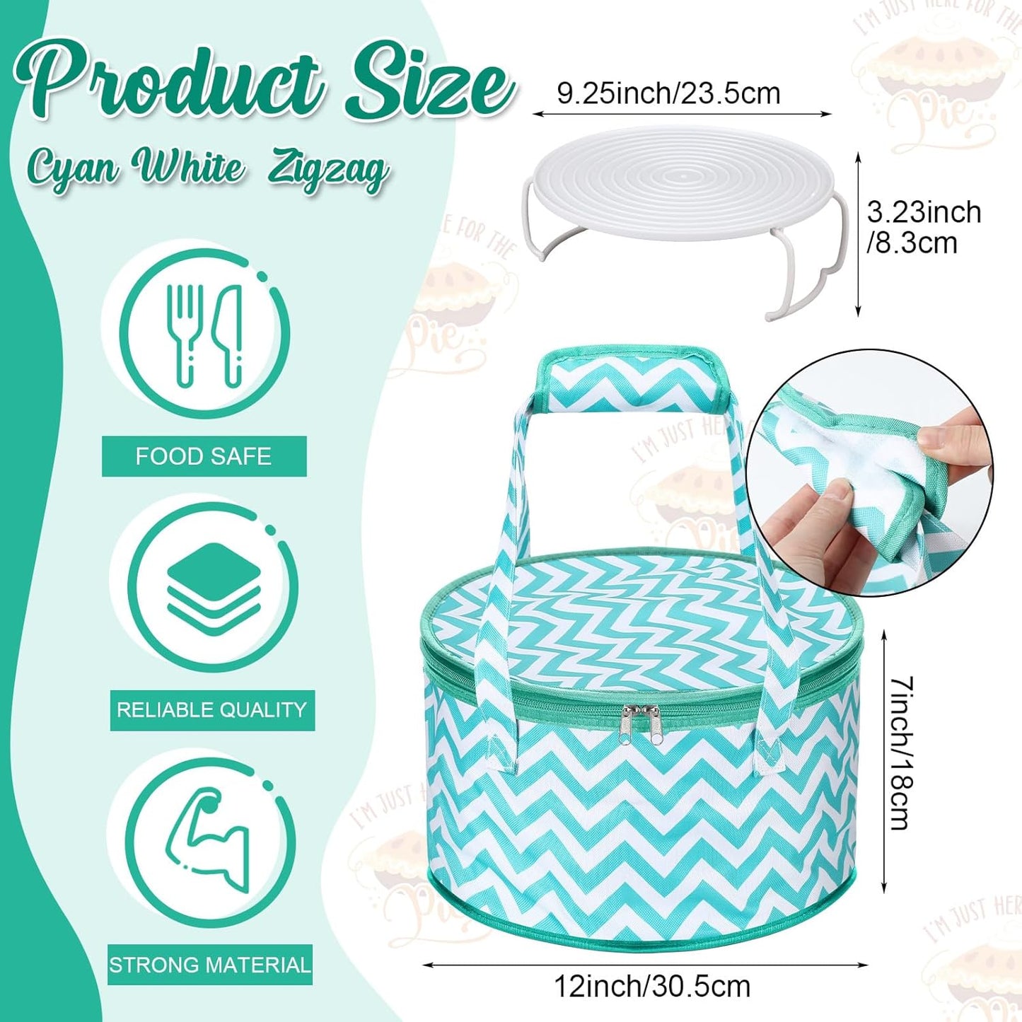 Pickmesh Round Pie Carrier 12 x 7 Inch Insulated Casserole Carriers with Lid and Detachable Handle for Hot or Cold Food Cake Transport Thanksgiving Christmas Gift(Cyan White Zigzag)