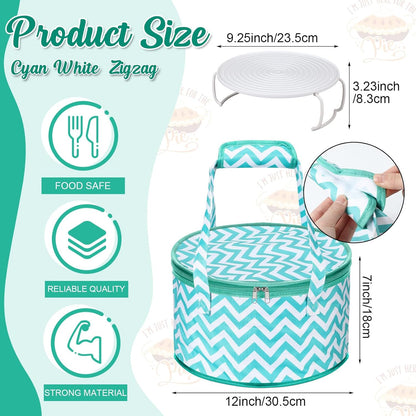 Pickmesh Round Pie Carrier 12 x 7 Inch Insulated Casserole Carriers with Lid and Detachable Handle for Hot or Cold Food Cake Transport Thanksgiving Christmas Gift(Cyan White Zigzag)