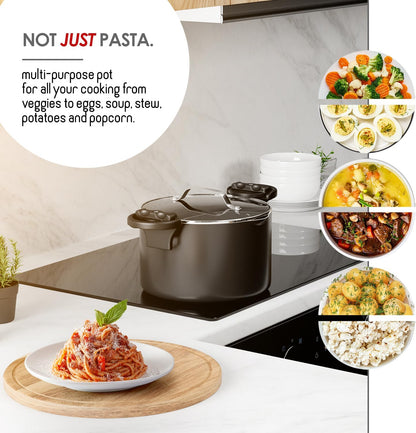 Eatex Pasta Pot with Strainer Lid - 5 Quart Multipurpose Stock Simmer Spaghetti with Strainer - Twist & Lock Handles, Nonstick Ceramic Stainless Steel Tempered Glass Black