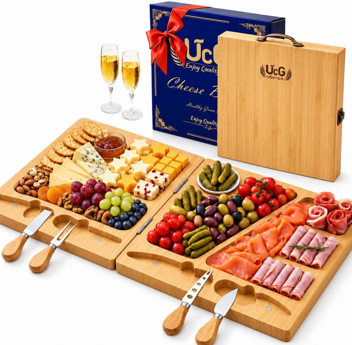Beautiful Gift Bamboo Charcuterie Boards: Folding Easy Storage, Large