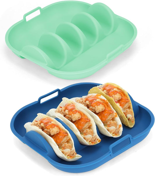 Silicone Taco Holder Set of 2,10.2in Reusable Taco Plates with Dividers,Fiesta Tacos Holder Tray.Taco Tuesday Kit,Dishwasher & Microwave Safe (2, BLUE+GREEN)