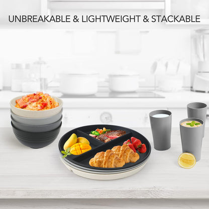 greenandlife 9 Inch 4PCS Portion Control Plates with Lids, Divided Plates for Kids Adults, Dishwasher Microwave Safe Compartment Plate, Unbreakable Lightweight Reusable Wheat Straw Plate, Earth Tone