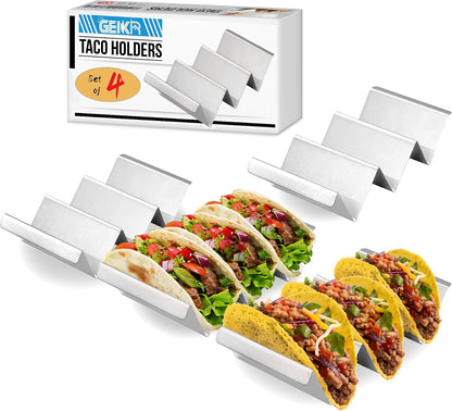 Taco Holder 4 Packs - Stainless Steel Taco Holders Set of 4 by GEIKR, Oven & Dishwasher & Grill Safe Taco Trays, Each Metal Taco Stands for 3 Tacos, Stylish Taco Rack with Handles