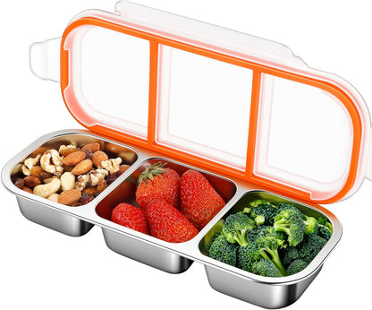 KTKUDY Stainless Steel Snack Container for Kids & Adults - Large - Leak-Proof 3-Compartment Stackable Snack Lunch Box for Daycare, School, Work & Travel