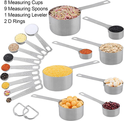 Measuring Cups and Spoons Set, 18 Piece 18/8 Stainless Steel Measuring Cups and Spoons Set for Dry & Liquid, Metric & US Metal 8Measure Cup and 9 Spoon & Leveler for Baking & Kitchen