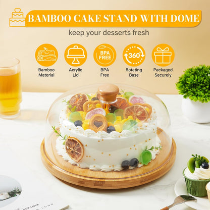 Rotating Cake Stand with Lid, 12'' Wood Food Plate with Cover, Serving Tray, Fruit Platter, Salad Bowl, Dessert Table Display & Acrylic Cake Dome Cover for Party