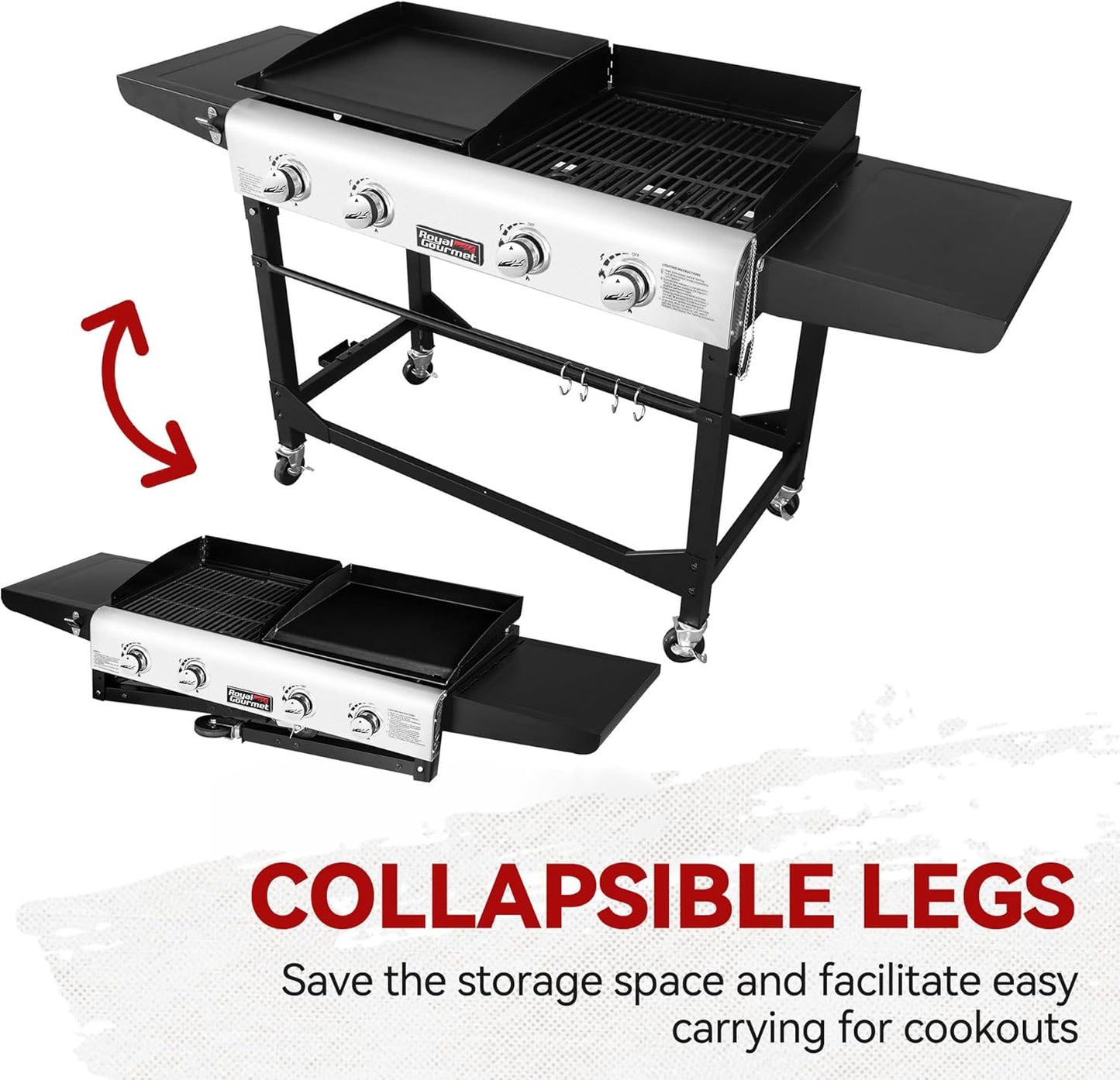 Royal Gourmet GD401C 4-Burner Propane Gas Grill and Griddle Combo with Cover, Griddle Grill Combo with 48,000 BTUs Output for Outdoor Cooking While Camping or Tailgating, Black & Silver