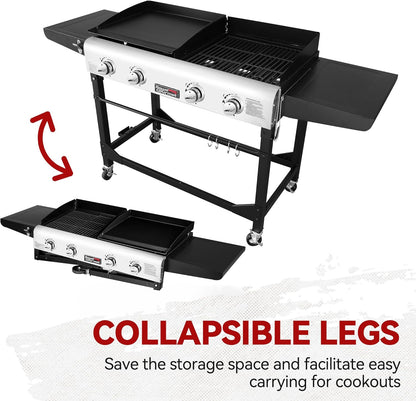 Royal Gourmet GD401C 4-Burner Propane Gas Grill and Griddle Combo with Cover, Griddle Grill Combo with 48,000 BTUs Output for Outdoor Cooking While Camping or Tailgating, Black & Silver
