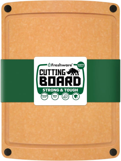 Freshware Wood Cutting Boards for Kitchen, Juice Groove, Non-Slip Silicone Feet, Dishwasher Safe, Medium 12" x 9" and Large, 15" x 11.25", Set of 2, Natural