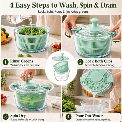 Large 5.2 Qt Glass Salad Spinner with Storage Lid Glass Bowl Black