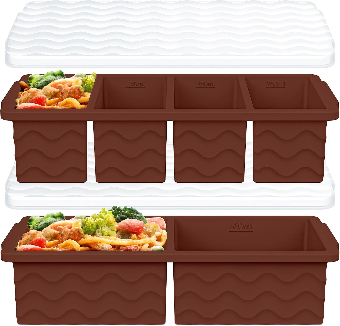 Silicone Freezer Trays with Lid for Soup, 1-Cup & 2-Cup Large Ice Cube Molds Food Storage Containers for Meal Prep, Freeze 500mL/250mL/125mL Portions – 2 Pack