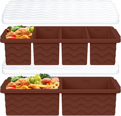 Silicone Freezer Trays with Lid for Soup, 1-Cup & 2-Cup Large Ice Cube Molds Food Storage Containers for Meal Prep, Freeze 500mL/250mL/125mL Portions – 2 Pack