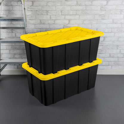 Sterilite 4-Pack 27 Gallon Industrial Storage Tote, Heavy-Duty Plastic Bins, Black/Yellow - Stackable Utility Organizers with Lids for Garage, Camping Tools, and Outdoor Gear