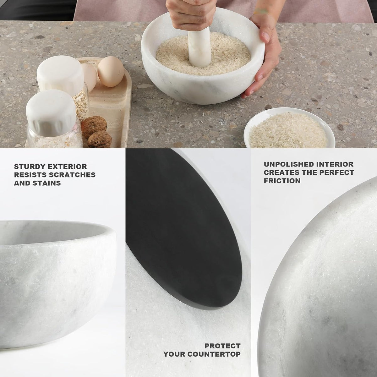 Koville Luxury Marble Mortar and Pestle Set, 7"-4cups Grinder Bowl for Guacamole, Salsa, Pill Crusher, Spice, Herb, Garlic, Nut, Heavy Duty Grinder for Kitchen