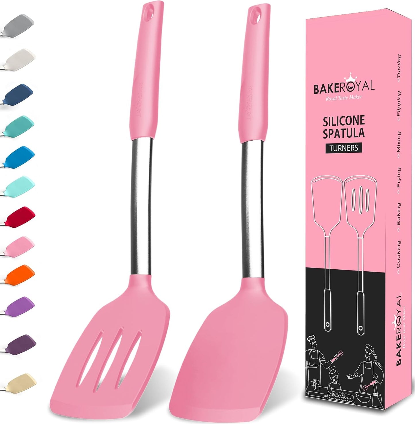 BakeRoyal Silicone Spatula Set - Turner Spatulas Silicone Heat Resistant 600°F - Slotted & Solid Spatula for Cooking Fish, Eggs, Pancakes Flipper – Spatulas for kitchen use – Black
