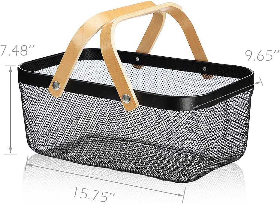 IBWell Square Metal Wire Woven Fruit Storage Bowl Basket with Wooden Handle, Large Black Mesh Fruit Stand, Multi-function Hanging Kitchen Baskets (White, Normal)