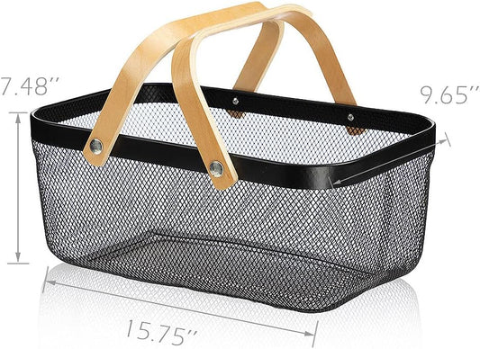 IBWell Square Metal Wire Woven Fruit Storage Bowl Basket with Wooden Handle, Large Black Mesh Fruit Stand, Multi-function Hanging Kitchen Baskets (White, Normal)