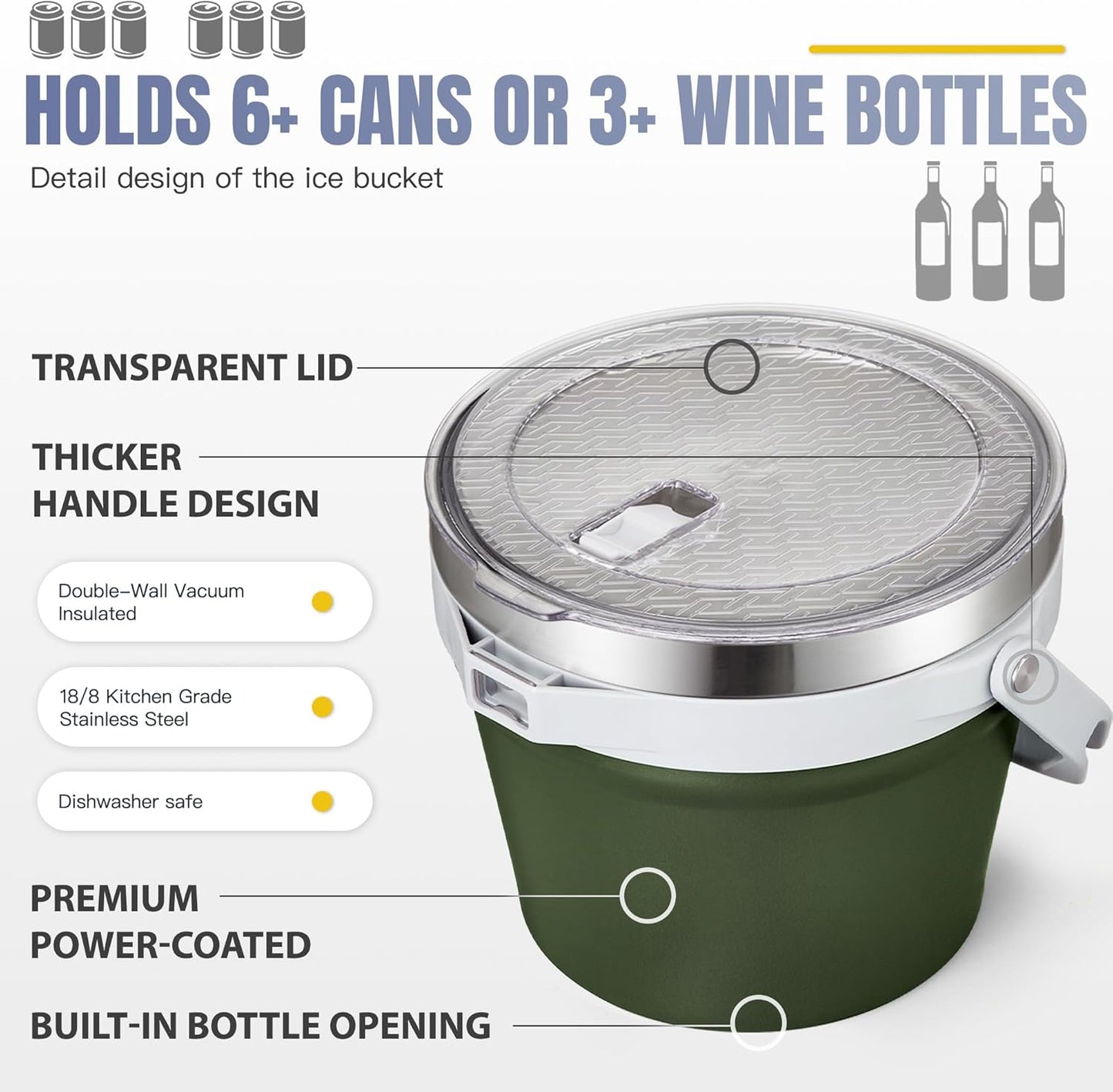 COKTIK 7L Vacuum Insulated Ice Bucket with Lid and Scoop& Tongs，Large capacity Stainless Steel Beverage Bucket for Cocktail, Champagne, Wine, Beer，Large Parties（Milk White Suit）