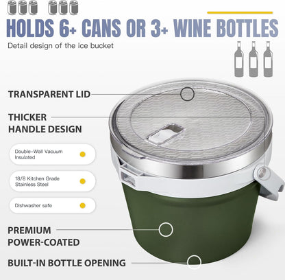 COKTIK 7L Vacuum Insulated Ice Bucket with Lid and Scoop& Tongs，Large capacity Stainless Steel Beverage Bucket for Cocktail, Champagne, Wine, Beer，Large Parties（Milk White Suit）