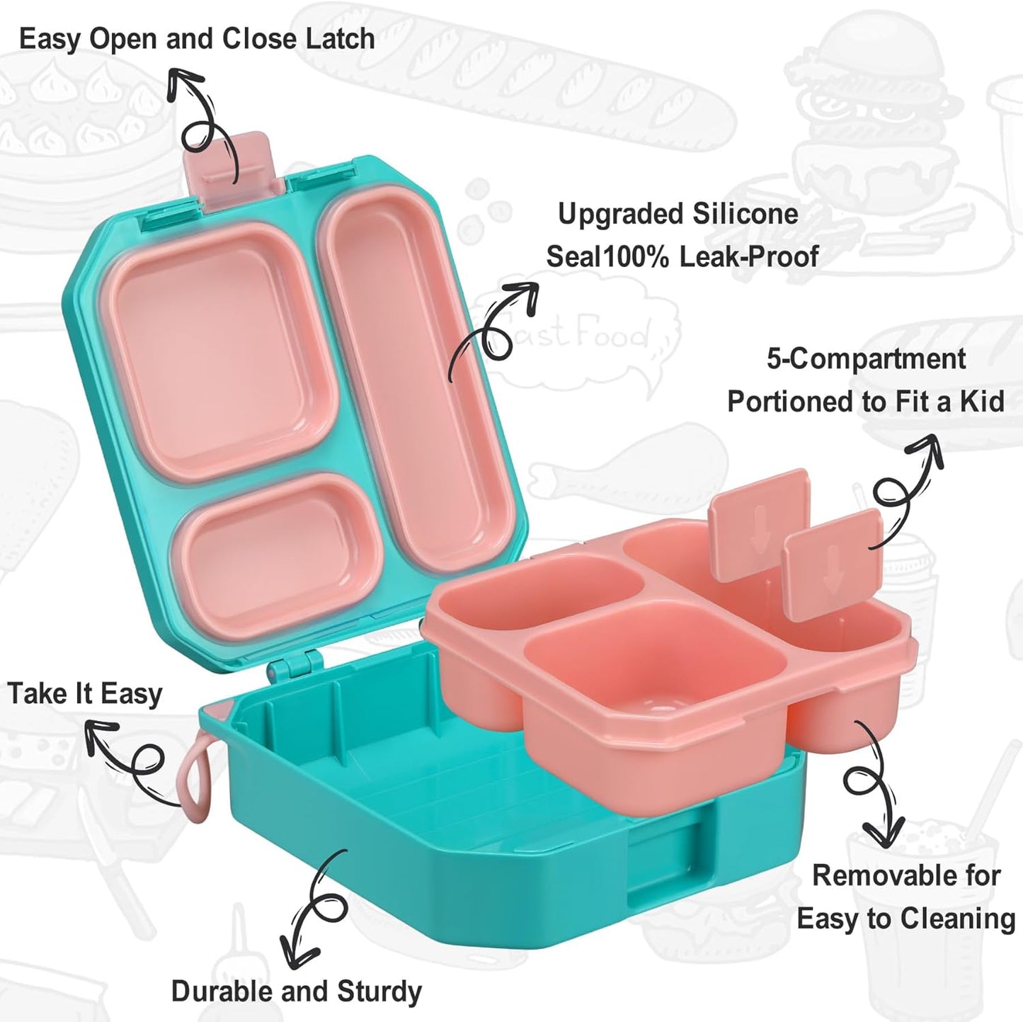 Itslife Bento Lunch Box Set for Kids with 12oz Soup Thermo&Lunch Bag, Leak-Proof Lunch Food Containers for Kids School, 5 Compartment, Sauce Cup, 10 Notes (Dinosaurs Black)