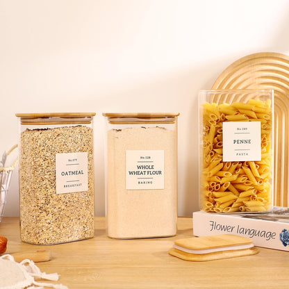 2 Pack large Square Glass Flour and Sugar Containers with 132 Kitchen Pantry Labels - 149 floz & 71 floz - Glass Jars with Airtight Bamboo Lid - Glass Rice Canisters for Coffee, Pasta, Cookie, Cereal
