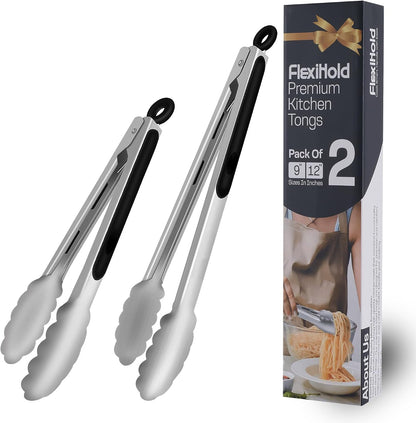 Pack of 3 Stainless Steel Kitchen Tongs with Silicone Tips – Non-Stick Cooking, Grilling & BBQ Tongs for Serving, Dishwasher Safe, 7", 9" & 12", Black
