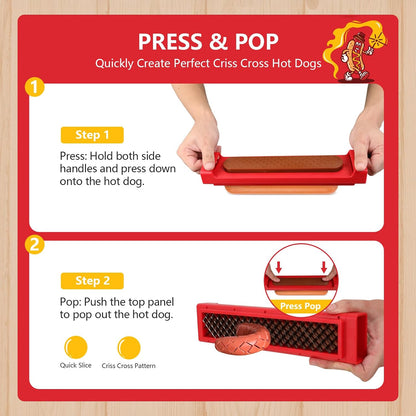 Hot Dog Cutter Tool - Pop-Out Hot Dog Slicer Criss Cross, Stainless Steel Blades, Suitable for Kitchen, Grilling, Tailgating, Camping and Backyard Outdoor BBQ - 11 Inch - Red