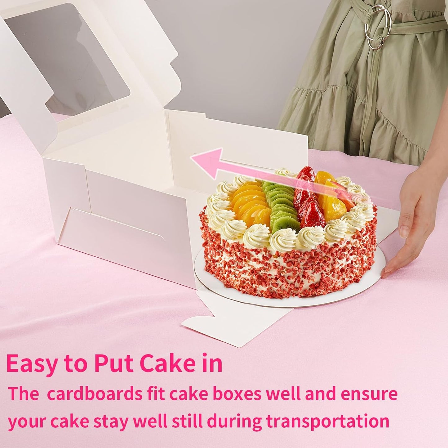 WINKIO 10 Inch Cake Box with Cake Boards, 2 Pack Disposable Cake Carrier, Cakes Transport Container, White Bakery Holder with Window, for Cookies Pies Cupcakes Pastry (10×10×8 Inches)