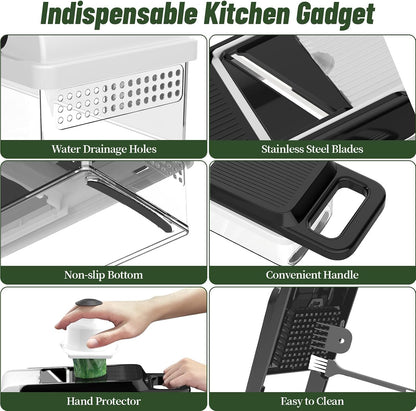 12-in-1 Vegetable Chopper 7 Blades, Veggie Cutter with Handle, Black/White
