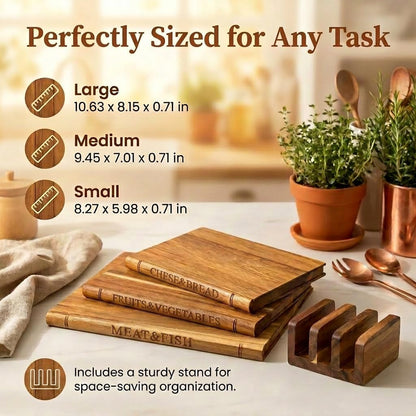 3-Piece 0.6in thickness Book Shaped Cutting Board Set - Food Safe, Non-Slip Chopping Boards for Kitchen Organization and Stylish Serving,Acacia Wood