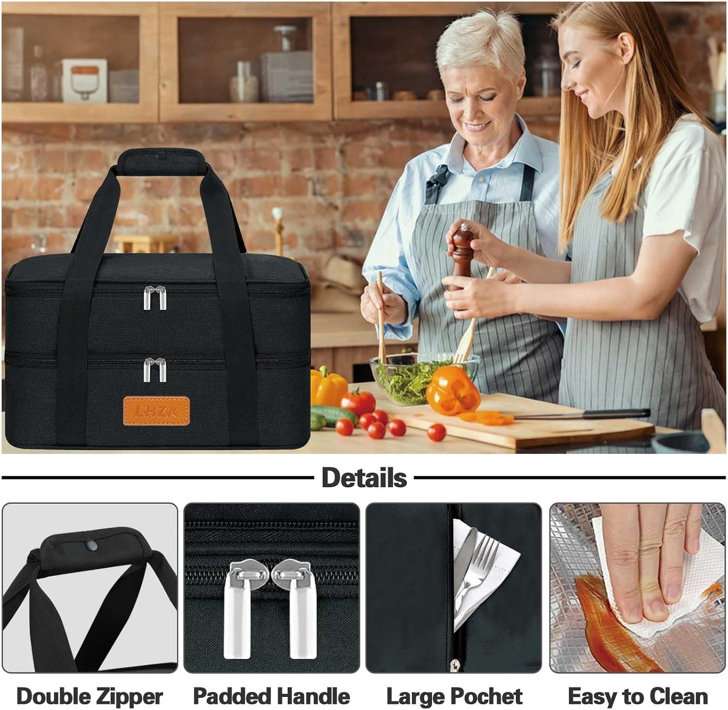 LHZK Insulated Casserole Carriers for Hot or Cold Food, Lasagna Holder Tote for Potluck Parties, Beach, Picnic, Travel, Fits 11x15 or 9x13 Dish (Black)