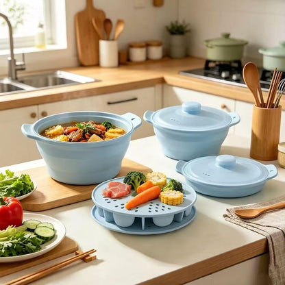 Collapsible Silicone Microwave Vegetable Steamer with Removable Steam Rack,42oz Heat-Resistant Cooker with Steam Holes,Easy to Store Freezer Dishwasher Safe,BPA Free (Grey)